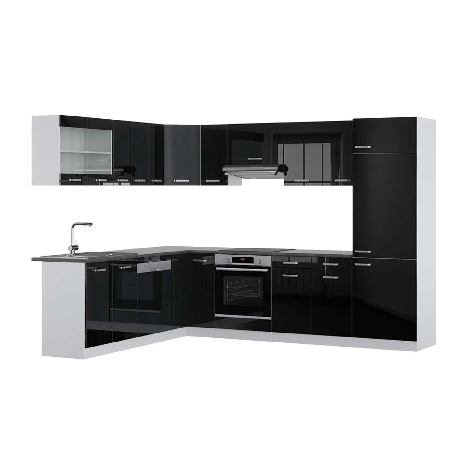Vicco Eckküche R-Line Schwarz Hochglanz/Weiß 287 x 82, AP Anthrazit