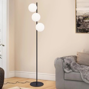Schwarze 3-flammige Stehlampe mit drei runden Milchglas-Schirmen. Moderne Wohnzimmer-Leuchte im Vintage-Stil, Metall.