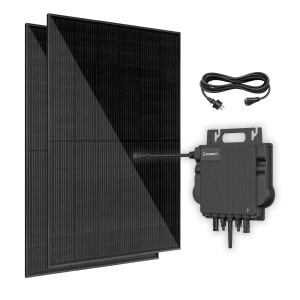 Vale Balkonkraftwerk Mini-PV 860-GW8-A mit zwei Solarmodulen, Wechselrichter und Anschlusskabel.
