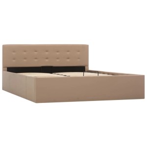 Cappuccino-braunes Stauraumbett 140x200 cm mit Lattenrost und Kunstlederbezug.