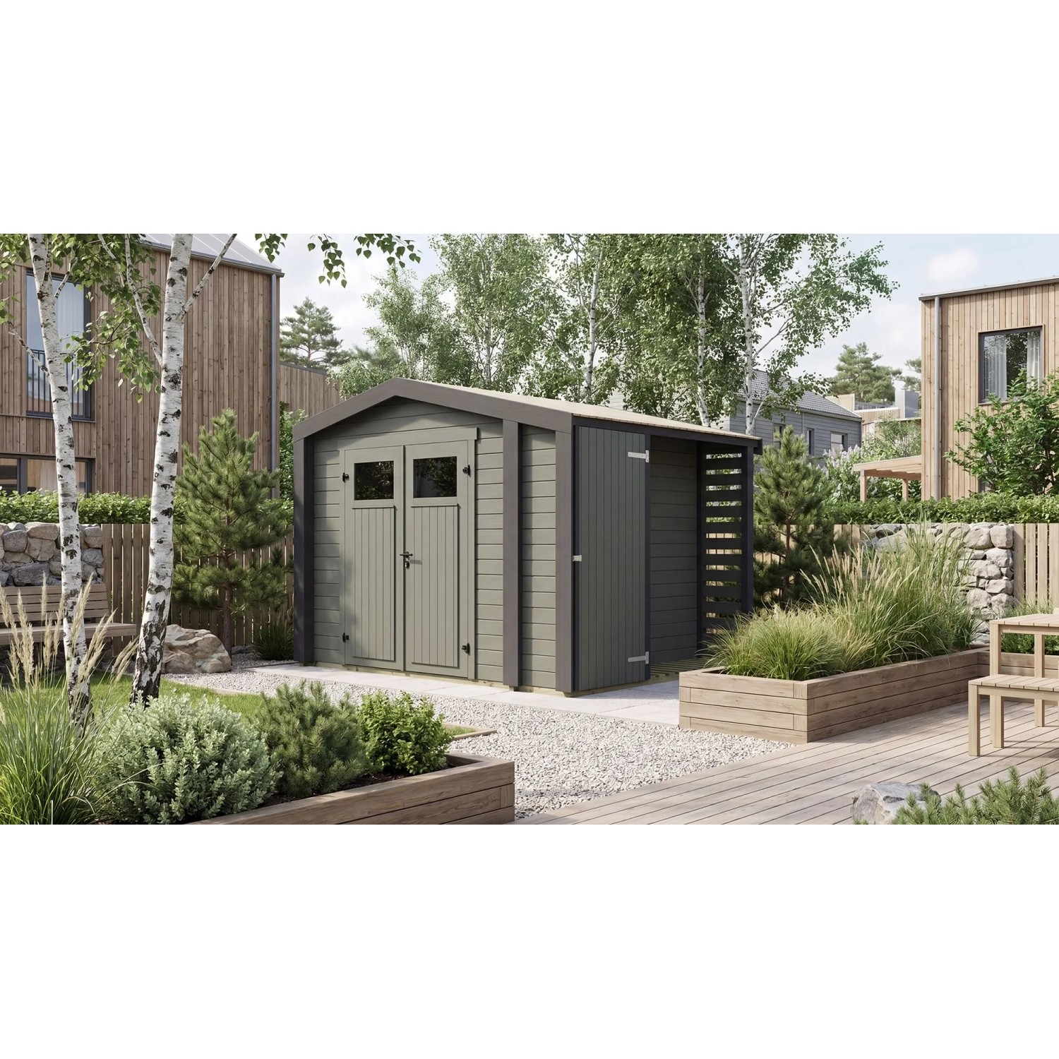 Weka Holz-Gartenhaus Killarney Satteldach Grau-Grün Lasiert 311 cm x 263 cm
