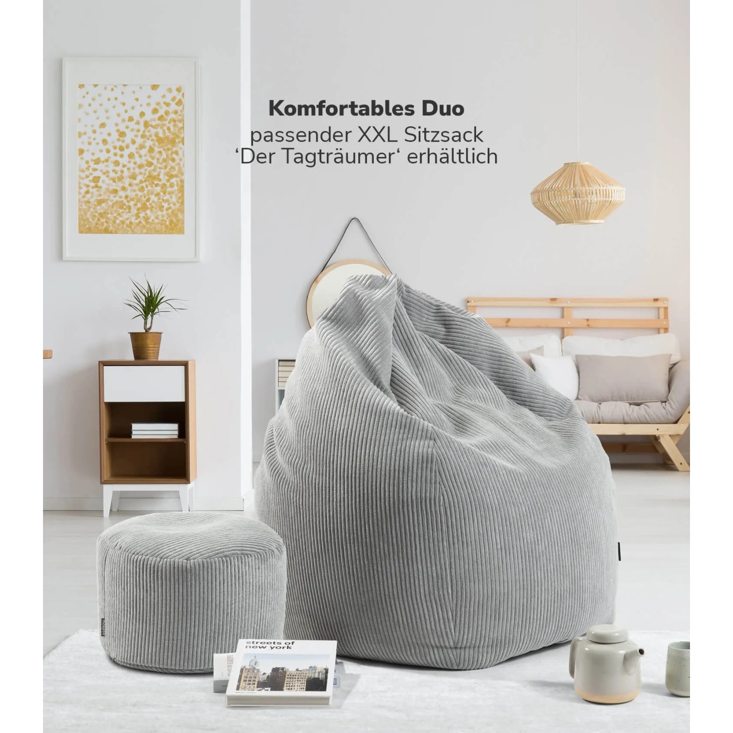 Mokebo Cord Pouf 'Der Faule Lenz' in Grau, runder Sitzhocker mit EPS-Füllung.