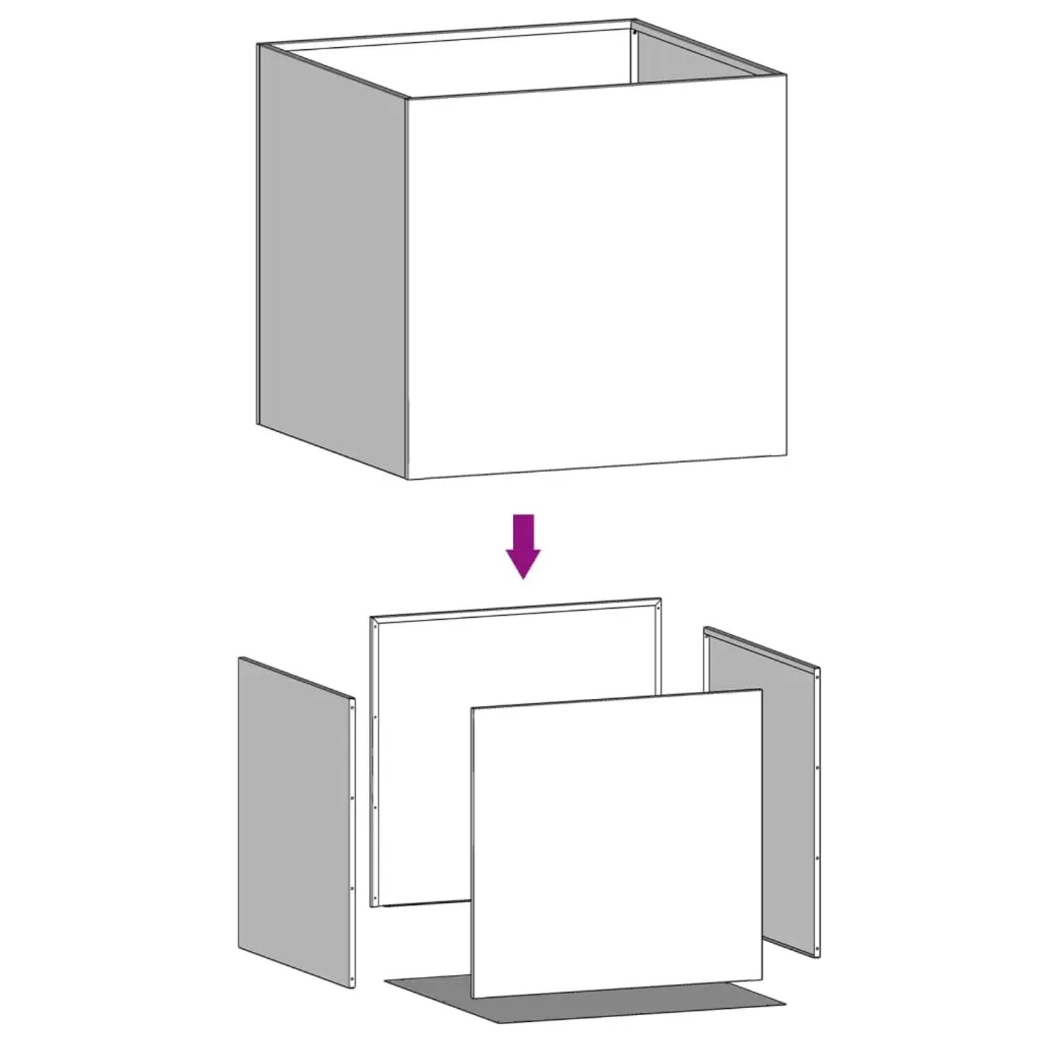 Montageanleitung für quadratischen Pflanzkübel aus Cortenstahl. Zeigt Einzelteile und den zusammengebauten Topf.