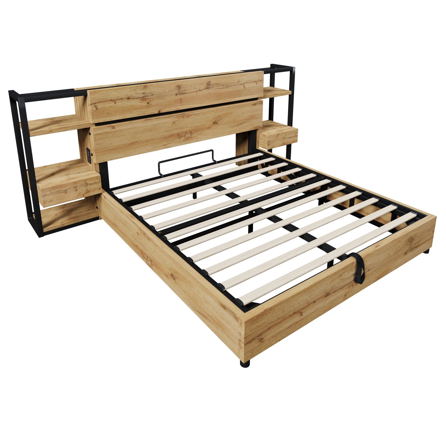 Merax Holzbett 160x200cm Hydraulik Stauraum USB-C Eiche