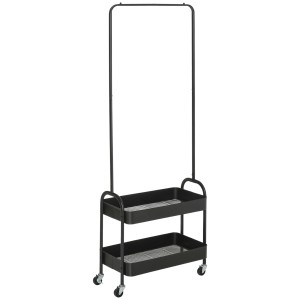 Schwarzer HOMCOM Kleiderständer aus Stahl mit 2 Ablagen und Rollen, 56,5x31,5x152,5 cm.