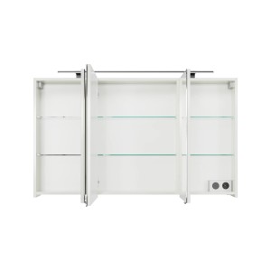 Pelipal Spiegelschrank Quantum 120cm, Schneeweiß Glanz, mit offenen Drehtüren und Glasböden.