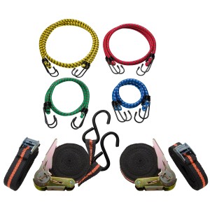 LUX Spanngurt-Set, 12-teilig: Zurrgurte mit Haken und Klemmschloss, Gummiexpander in verschiedenen Farben und Größen.