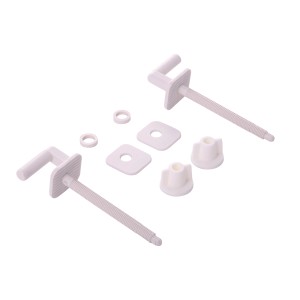 Weißes WC-Sitz Befestigungsset aus Kunststoff für die Montage von Toilettendeckeln.