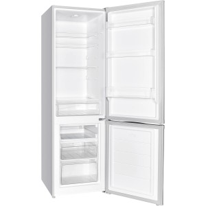 Geöffnete Wolkenstein Kühl-Gefrierkombination KGK280D Inox mit LED-Beleuchtung und Fächern.