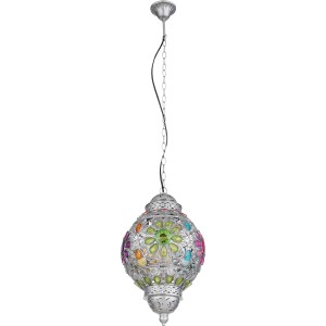 Silbergraue Globo Pendelleuchte mit bunten Acrylkristallen, 270x1200 mm.