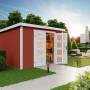 Lasita Holz-Gartenhaus Zambezi 7 in Schwedenrot mit Doppeltür und Regalen im Inneren.