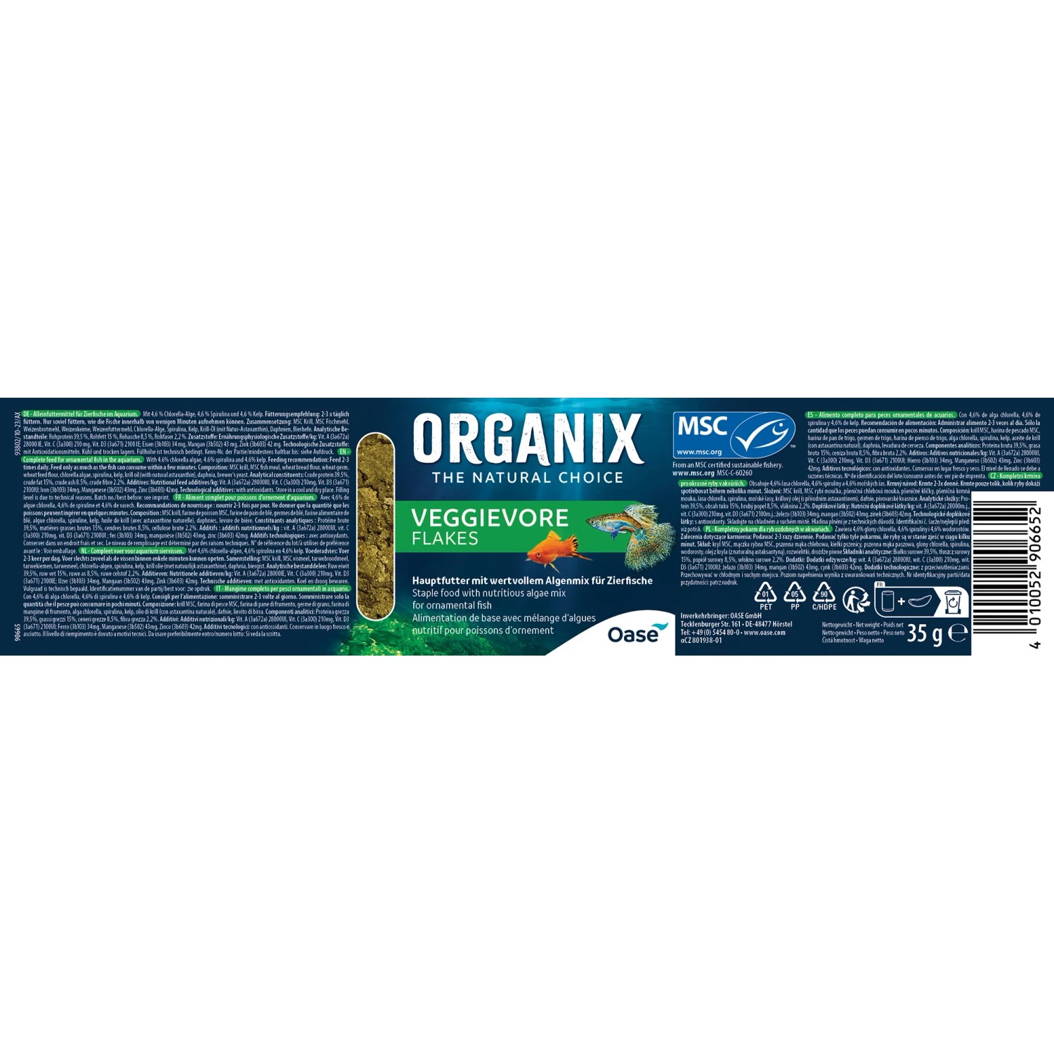 Oase Organix Veggievore Flakes Fischfutter, 250ml Packung für pflanzenfressende Fische.