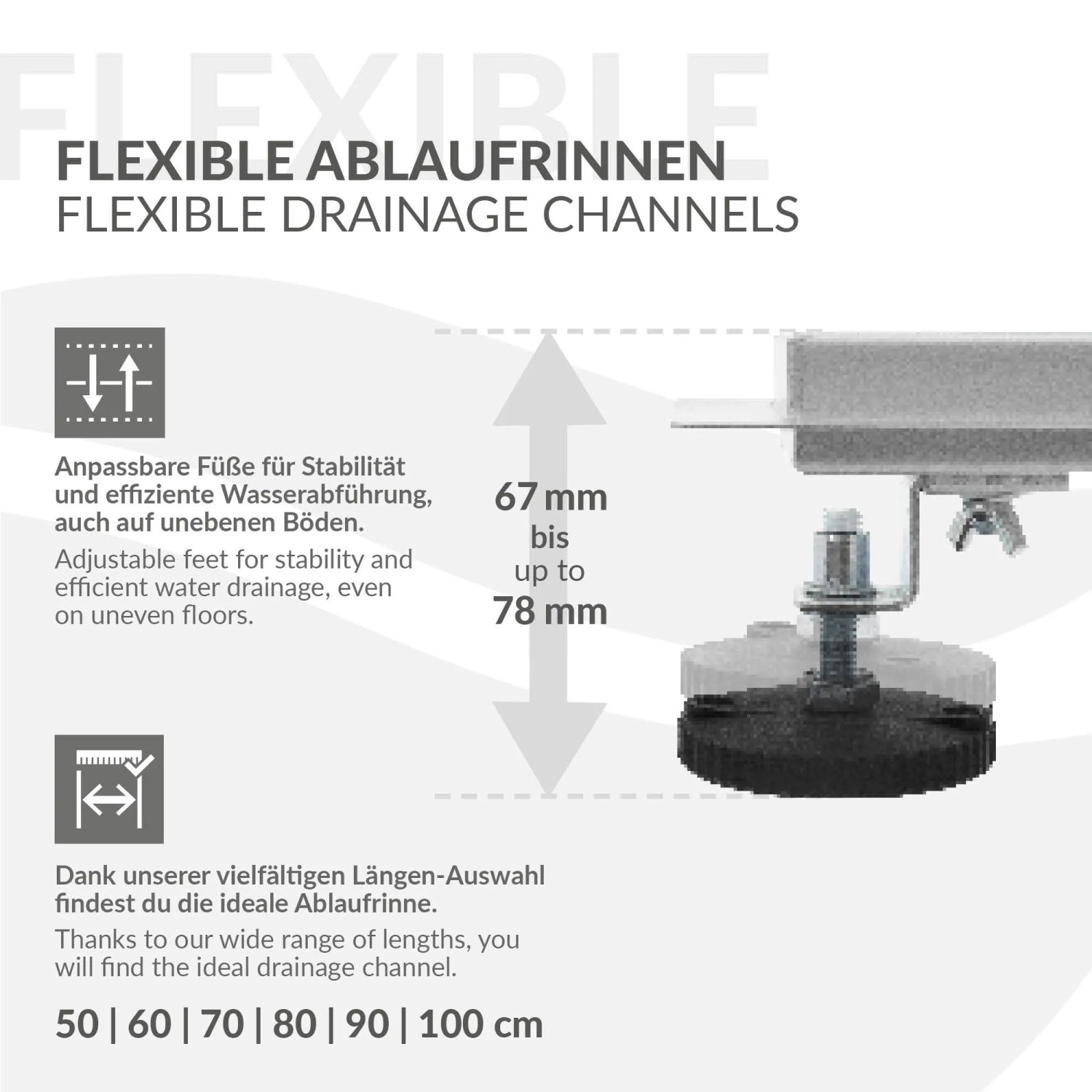 Detailaufnahme: Höhenverstellbare Füße der LuxeBath Duschrinne (60cm) aus Edelstahl. Duschzubehör.