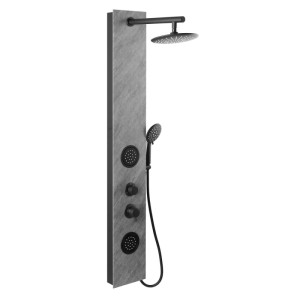 Schwarzes Duschpaneel mit Steindekor, Rainshower, Handbrause, Hydromassage und Mischer. Modernes Bad-Design.