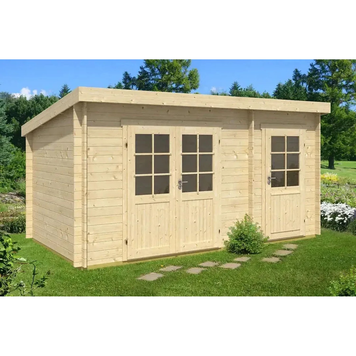 Alpholz Gartenhaus Maria mit Pultdach, tauchimprägniert, 450x279 cm, mit Doppeltür und Einzeltür.