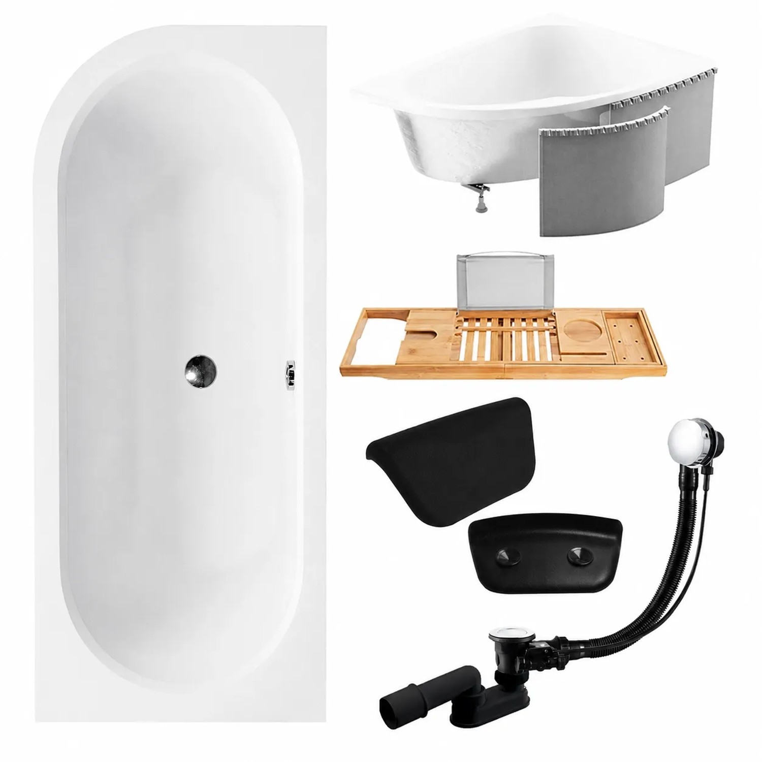KOLMAN Badewanne Eckwanne 170 x 75 Cm Rechts Mit Styroporverkleidung Mit Bambus Badewannenablage Mit Kopfstütze KODI Inkl. Ablauf Und Füße