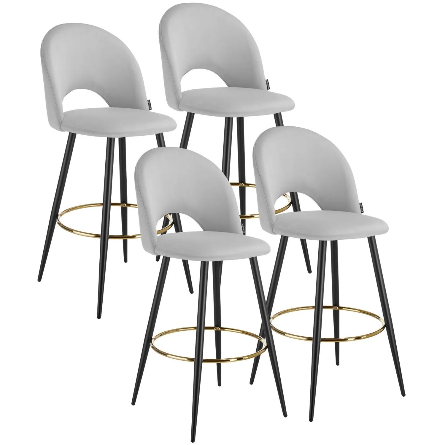 Tectake Barstuhl Sachel In Samtoptik  Gepolstert Mit Rückenlehne und Fußstütze 4Er Set 58 x 49 x 110 cm Hellgrau Schwarz