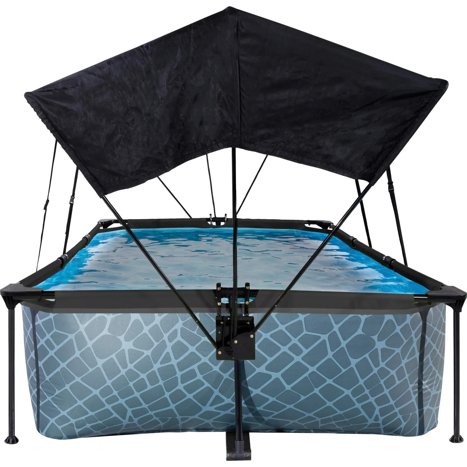 Grauer EXIT Stone Pool 220x150 mit Sonnensegel und Filterpumpe.