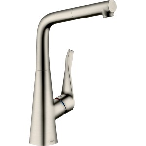 Hansgrohe Metris 320 Küchenarmatur mit Ausziehauslauf in Edelstahl-Optik.