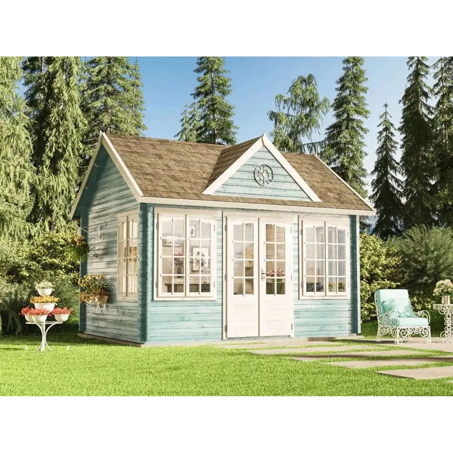 Blaues Alpholz Gartenhaus Clockhouse-44 mit Satteldach und Anbaudach im Garten.