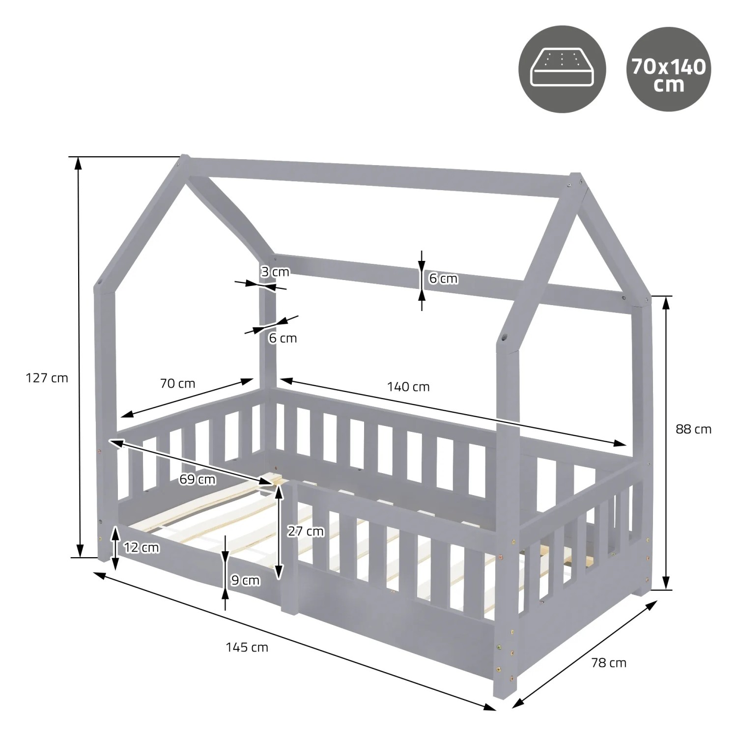 ML-Design Kinderbett 70x140 cm, hellgraues Hausbett mit Lattenrost und Rausfallschutz.
