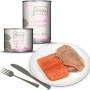 Mjamjam Nassfutter Saftiges Huhn und Wildlachs, 400g Dose mit Teller, Lachs und Hühnchen.