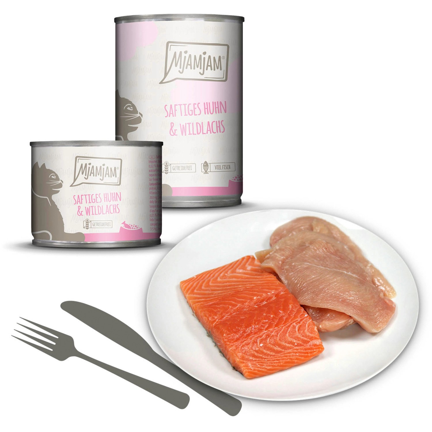 Mjamjam Nassfutter Saftiges Huhn und Wildlachs, 400g Dose mit Teller, Lachs und Hühnchen.