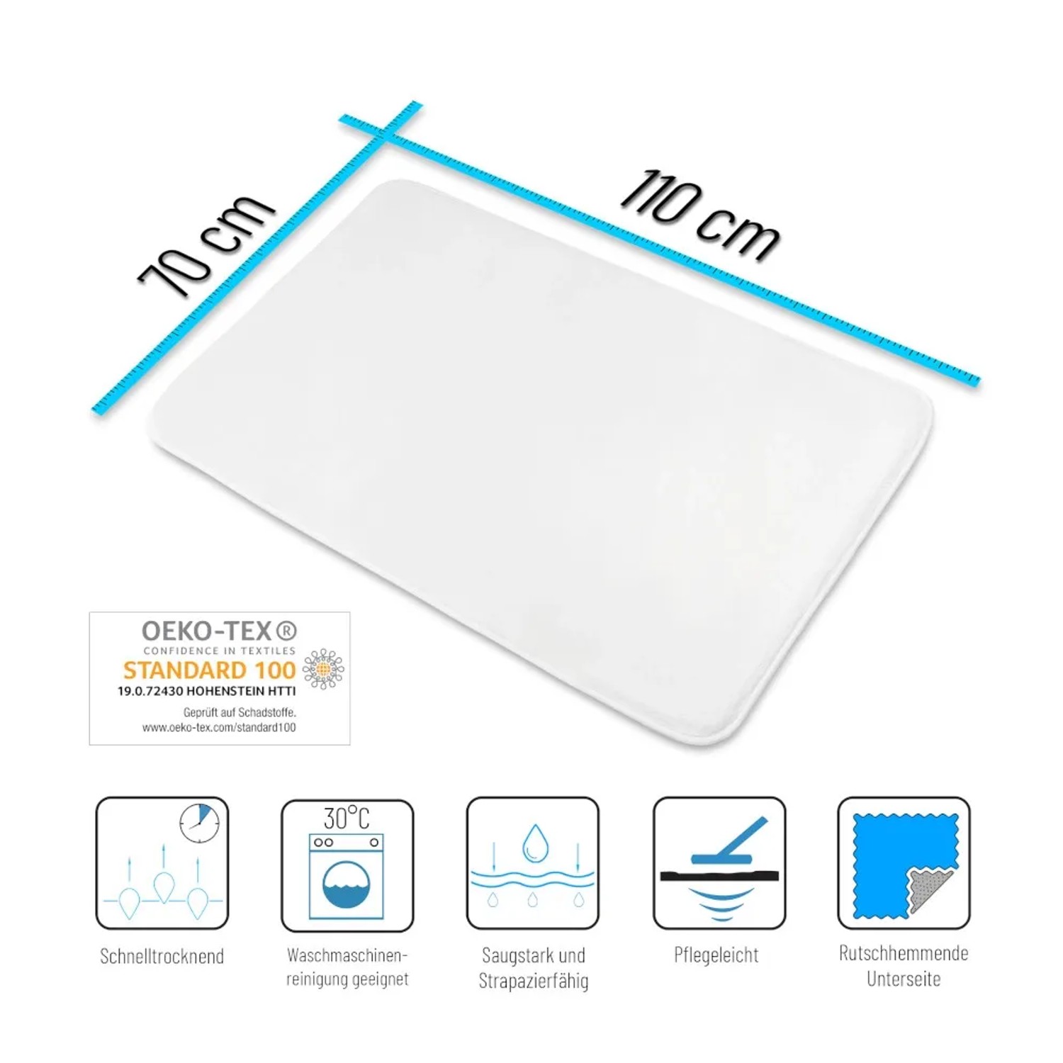 Weißer Sanilo Badteppich Leuchtturm, 70x110 cm, mit Maßangaben und Qualitätsiegel.