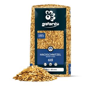 Palette Galamio Holzhackschnitzel Gelb, 39 Säcke à 60l. Dekorative Bodenabdeckung für den Garten.