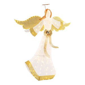 Beleuchteter Weihnachtsengel 160 cm aus weißem Netzstoff mit goldenen Flügeln, Heiligenschein und Schleife. Ideal für Außen-Deko.