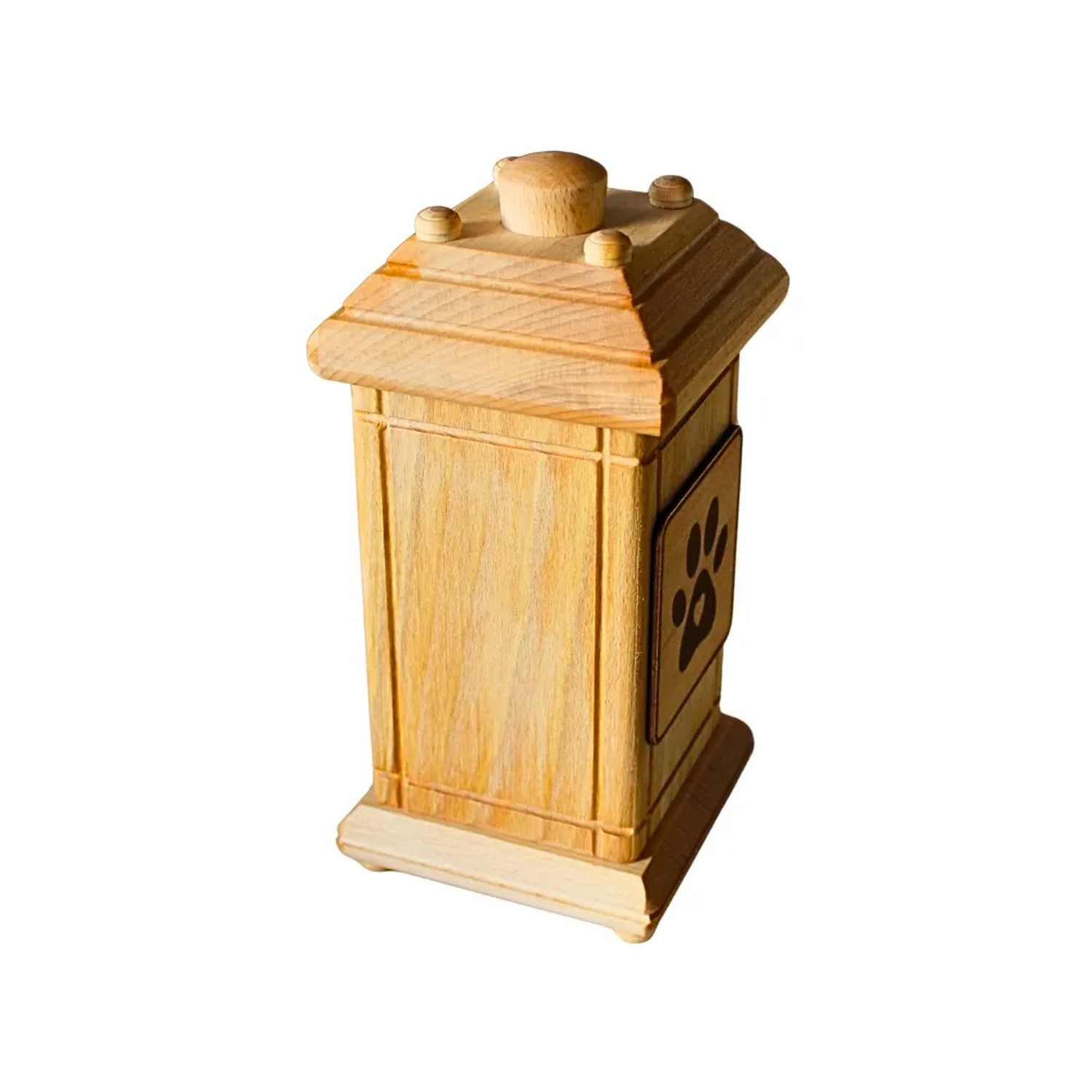 Helle Buchenholz Tierurne mit rechteckiger Form, gestuftem Deckel und Hundepfotenabdruck. Ideal als Aschebox für Hunde.