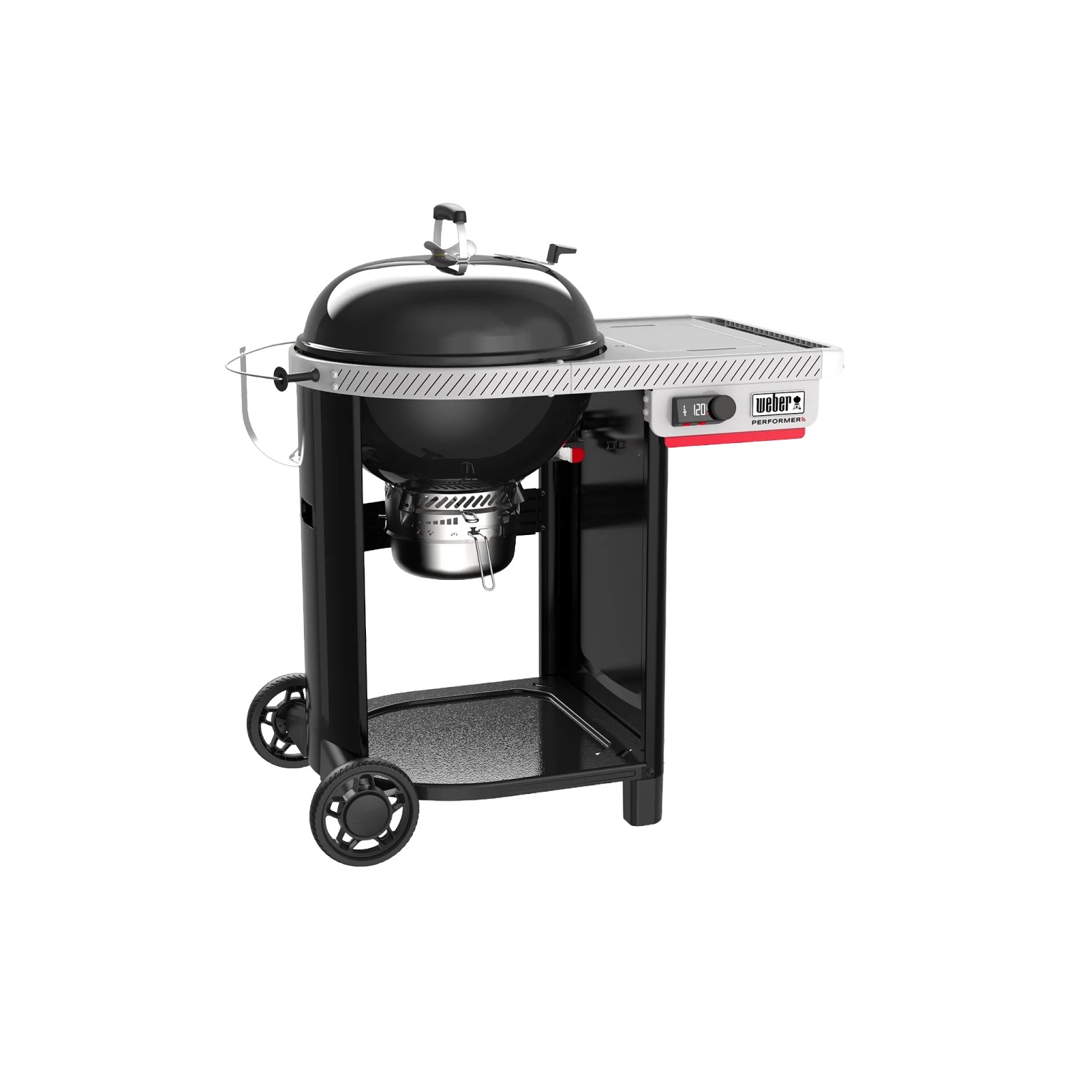 Schwarzer Weber Holzkohlegrill Performer Smart 57 cm mit Seitentisch und Ablage.