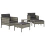 Graues 5-tlg. vidaXL Garten-Lounge-Set aus Rattan mit dunklen Kissen, bestehend aus Sesseln, Hockern und Tisch.