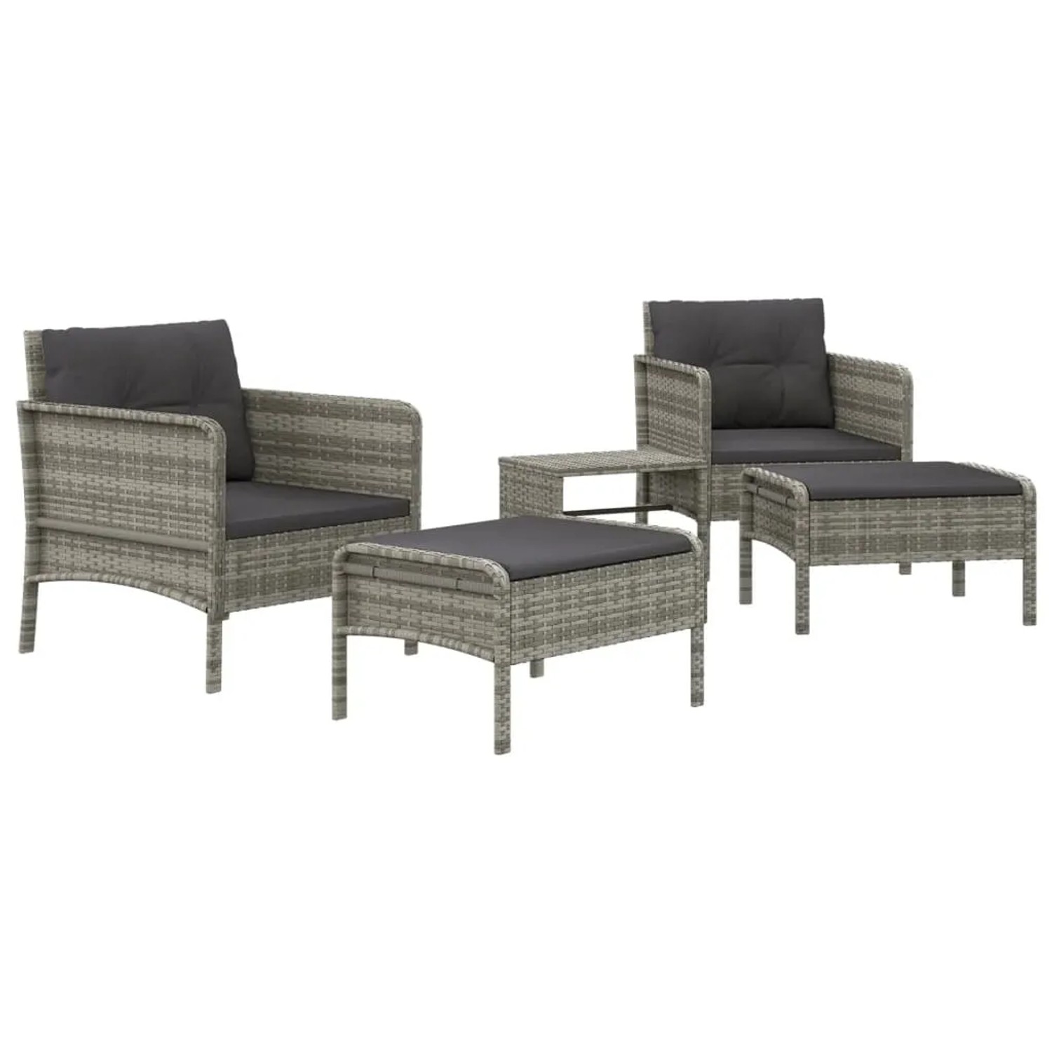 Graues 5-tlg. vidaXL Garten-Lounge-Set aus Rattan mit dunklen Kissen, bestehend aus Sesseln, Hockern und Tisch.