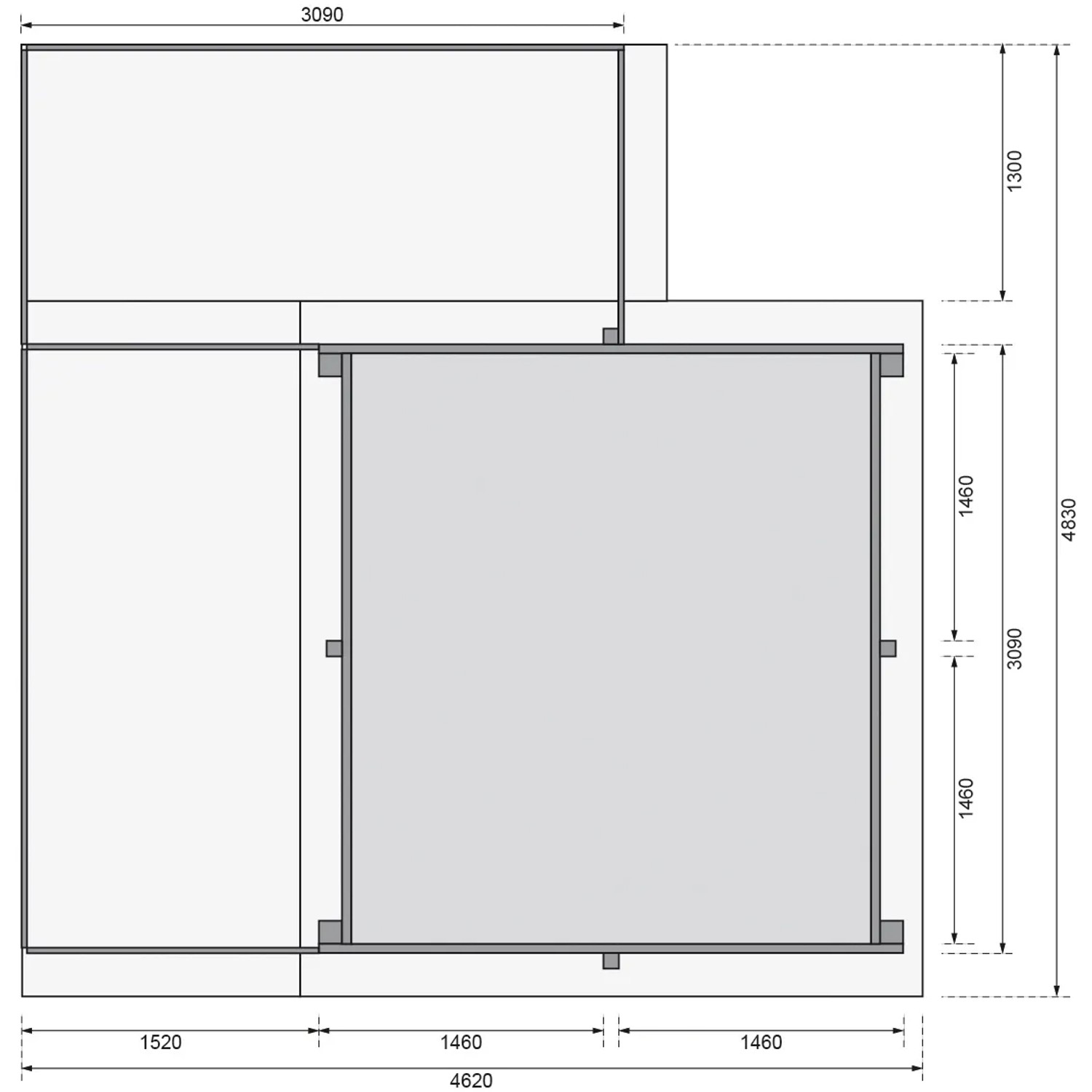 Draufsicht Karibu Pool 1 mit Sonnenterrassen, Maße und Details für Planung.