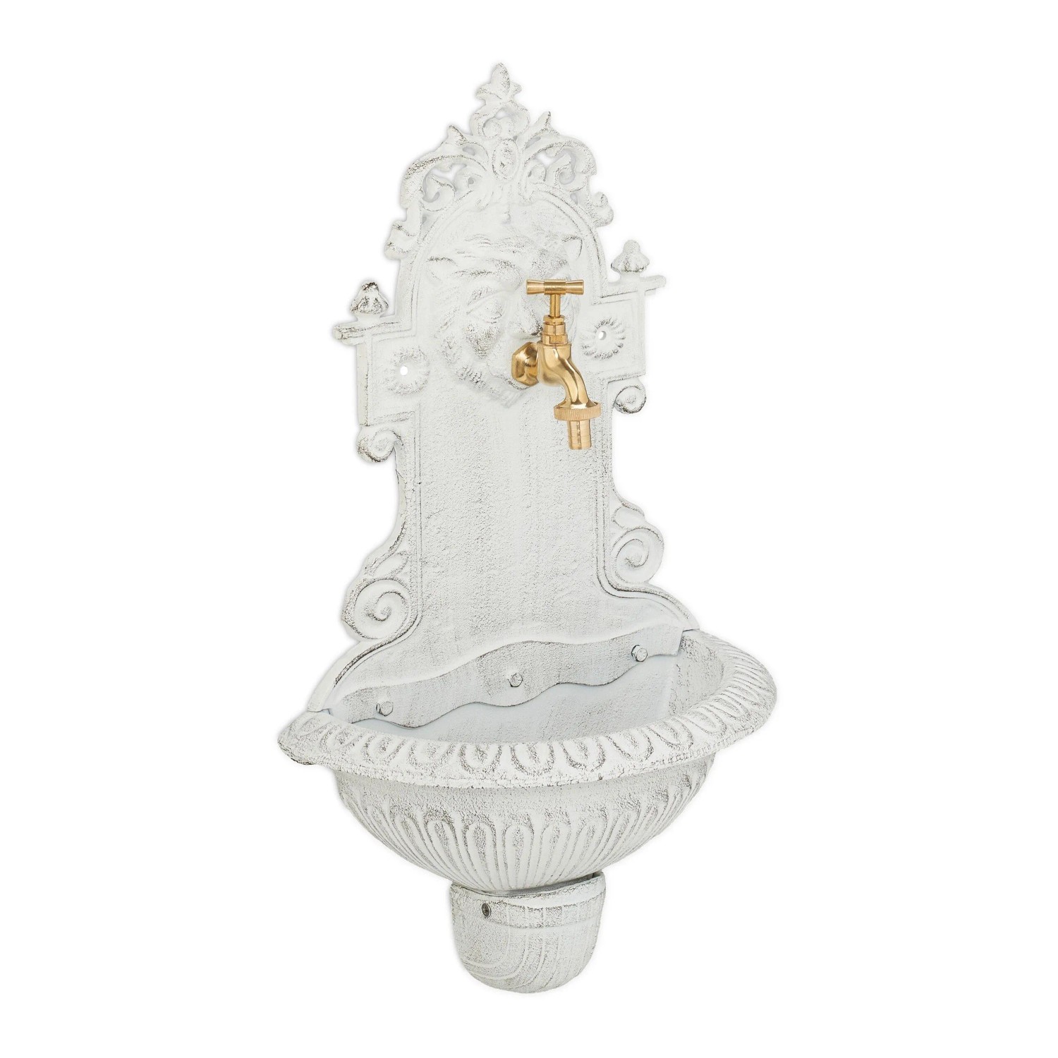 Relaxdays Wandbrunnen Gusseisen Messing Weiß Wasserspeier 61 cm x 35 cm x 18 cm 8 kg