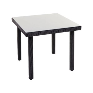 Schwarzer Poly-Rattan Gartentisch Mattis mit Glasplatte, 80x80 cm. Ideal als Esstisch oder Beistelltisch.