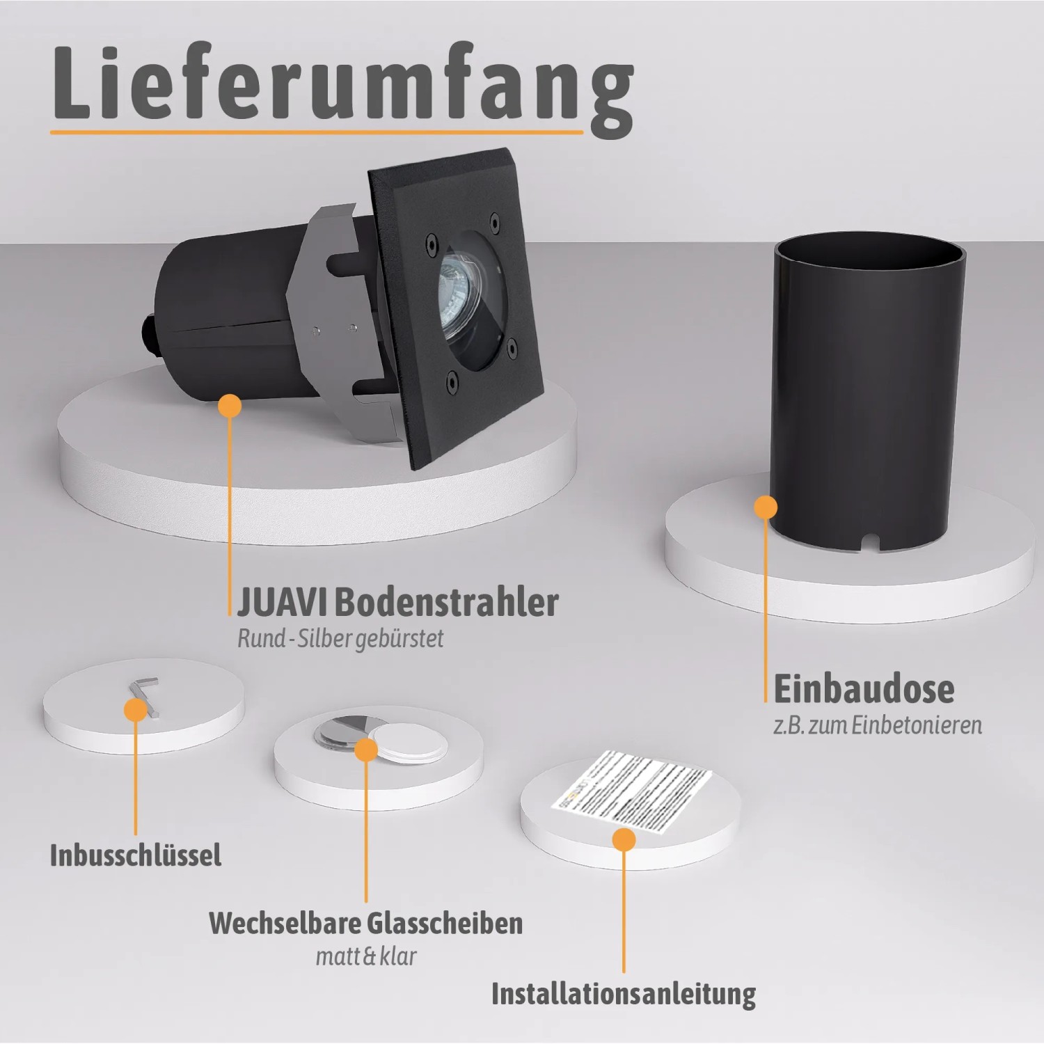 SSC-LUXon Juavi 4er Set Bodeneinbaustrahler schwarz, Zubehör: Einbaudose, Inbusschlüssel, Glasscheiben, Anleitung.