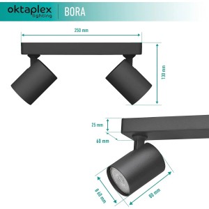 Oktaplex Bora Spotbalken, 2-flammig, schwarz, mit Maßangaben. Deckenleuchte für GU10 Leuchtmittel.