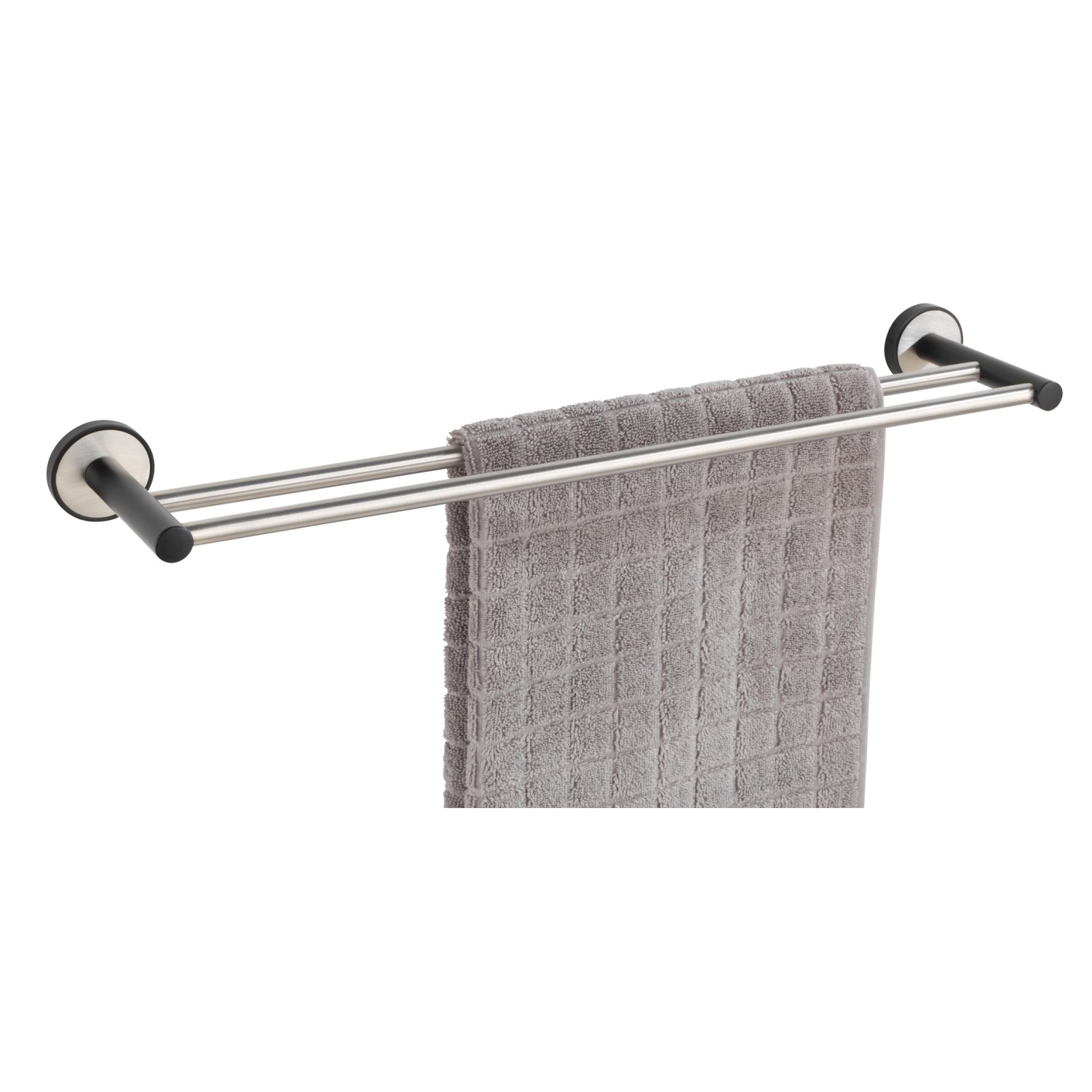 Wenko Badetuchstange Duo Udine, 60 cm, silber matt, mit grauem Handtuch.
