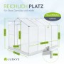 Juskys Aluminium Gewächshaus 4,75m² mit Fundament und Dachfenster, Maße eingezeichnet.