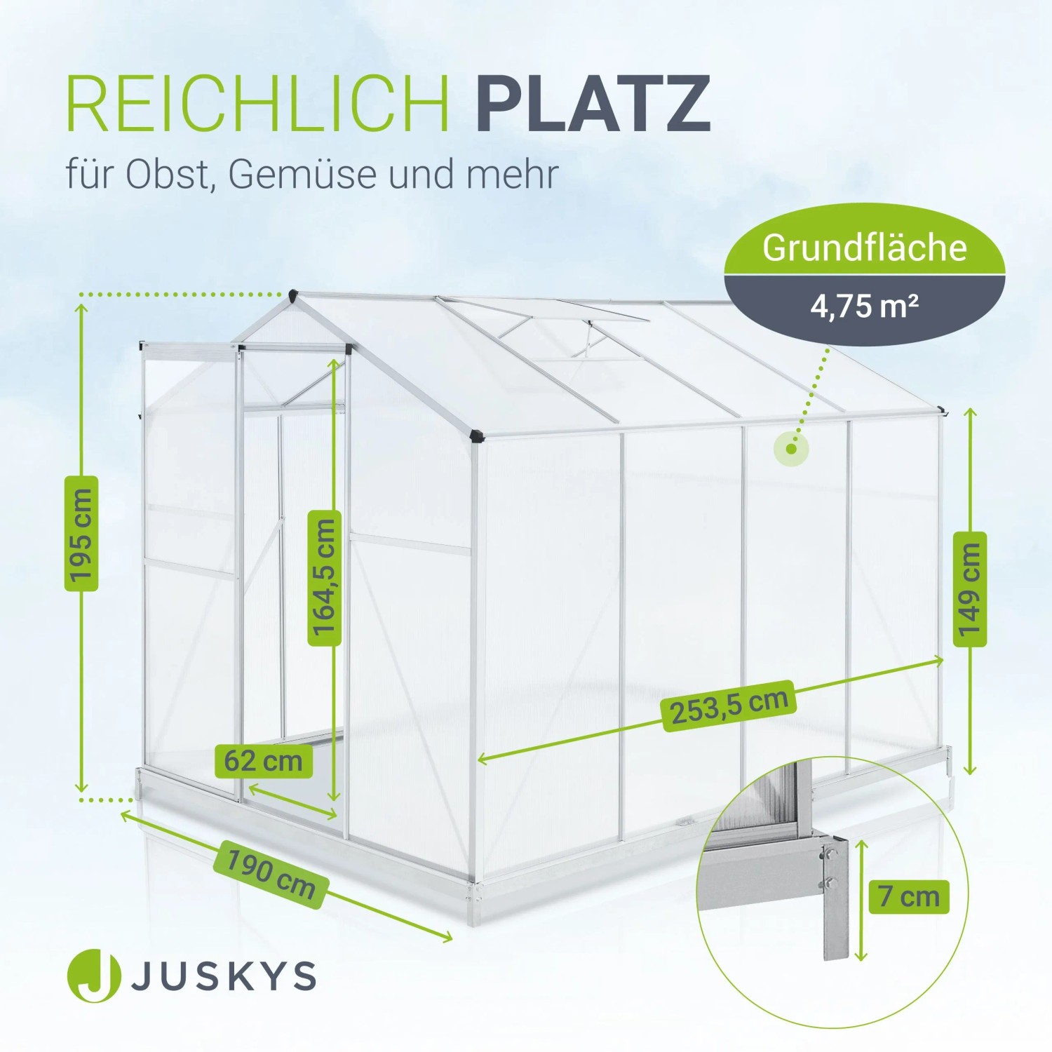 Juskys Aluminium Gewächshaus 4,75m² mit Fundament und Dachfenster, Maße eingezeichnet.
