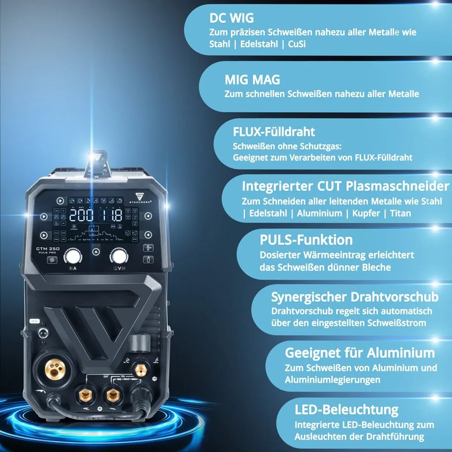 STAHLWERK CTM-250 PULS Pro 6-in-1 Schweißgerät mit Plasmaschneider. Digitalanzeige, WIG, MIG/MAG, MMA, FLUX, Puls-Funktion.