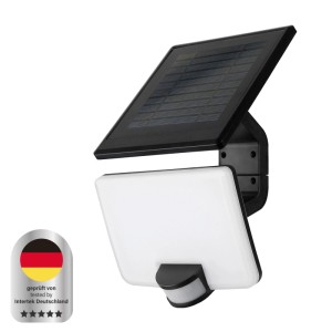 Schwarzer MegaLight Sunflood Solar-LED-Strahler 800 lm mit 2000 mAh Akku und Bewegungsmelder. Separate Solarzelle.