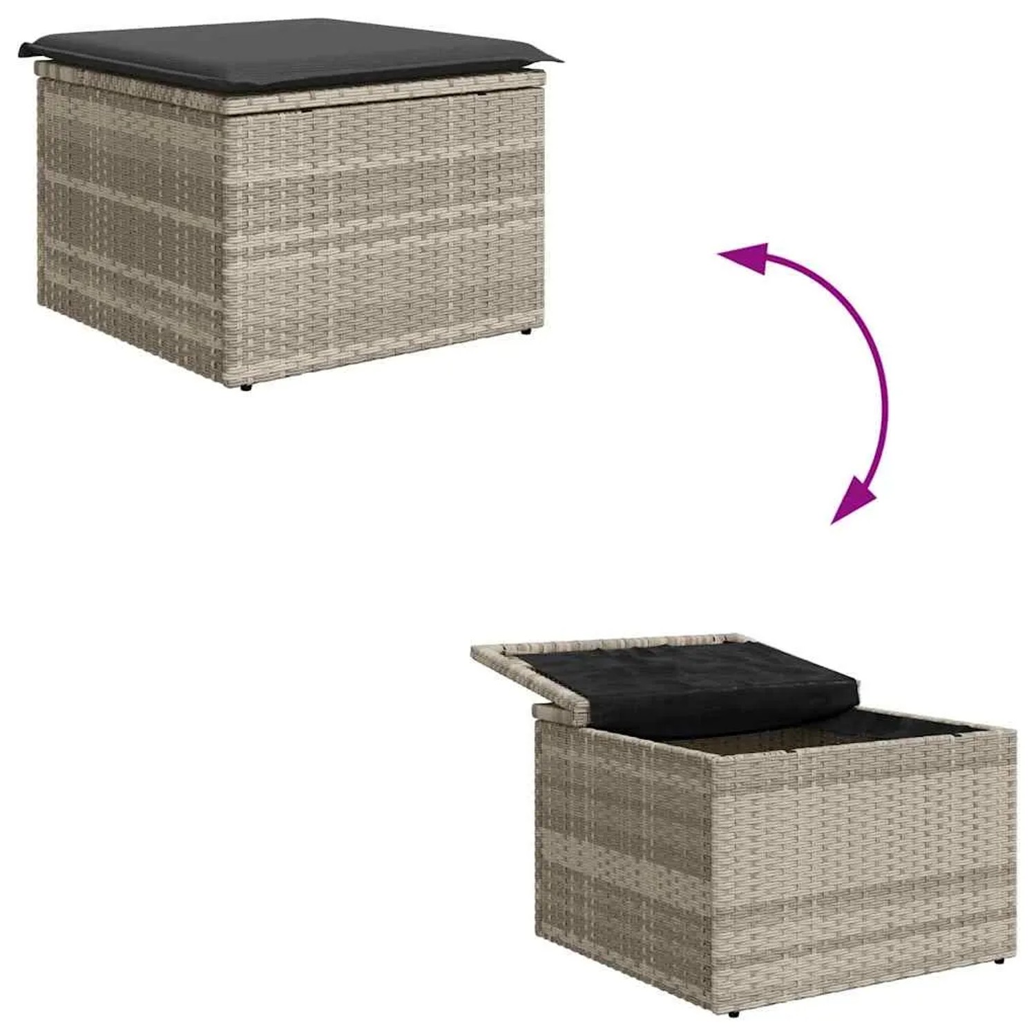 Hellgraues vidaXL Gartenmöbel-Set aus Polyrattan mit Stauraum, 7-teilig.