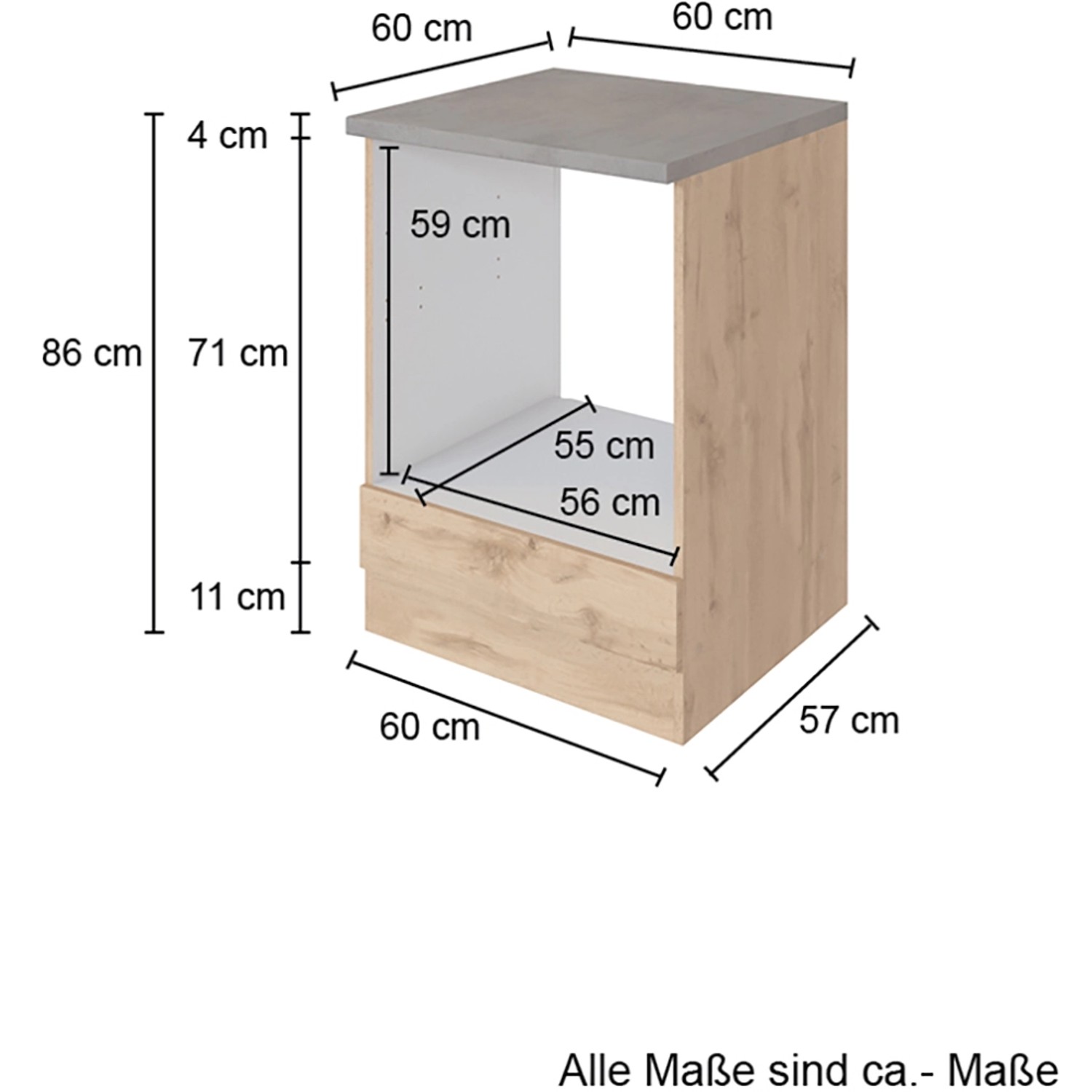 Herdumbauschrank Sorrento, weiß/Wotaneiche, mit Nische für Ofen und Schublade. Maße: 60x85x60 cm.