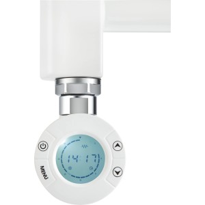 Detailaufnahme des Thermostats vom weißen Badheizkörper XXL Wuppertal mit digitaler Anzeige.
