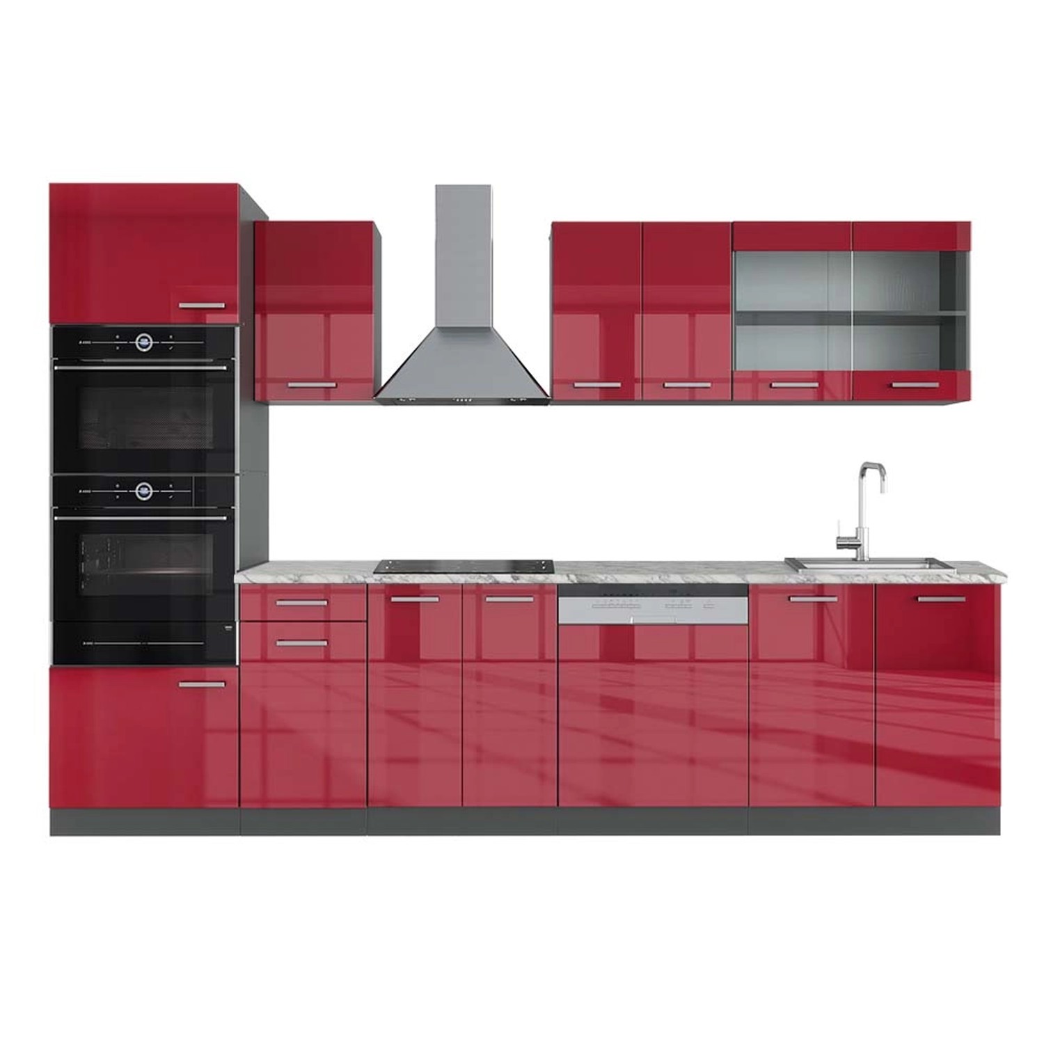 Vicco R-Line Küchenzeile Bordeaux Hochglanz/Anthrazit 300 cm mit Hochschran günstig online kaufen