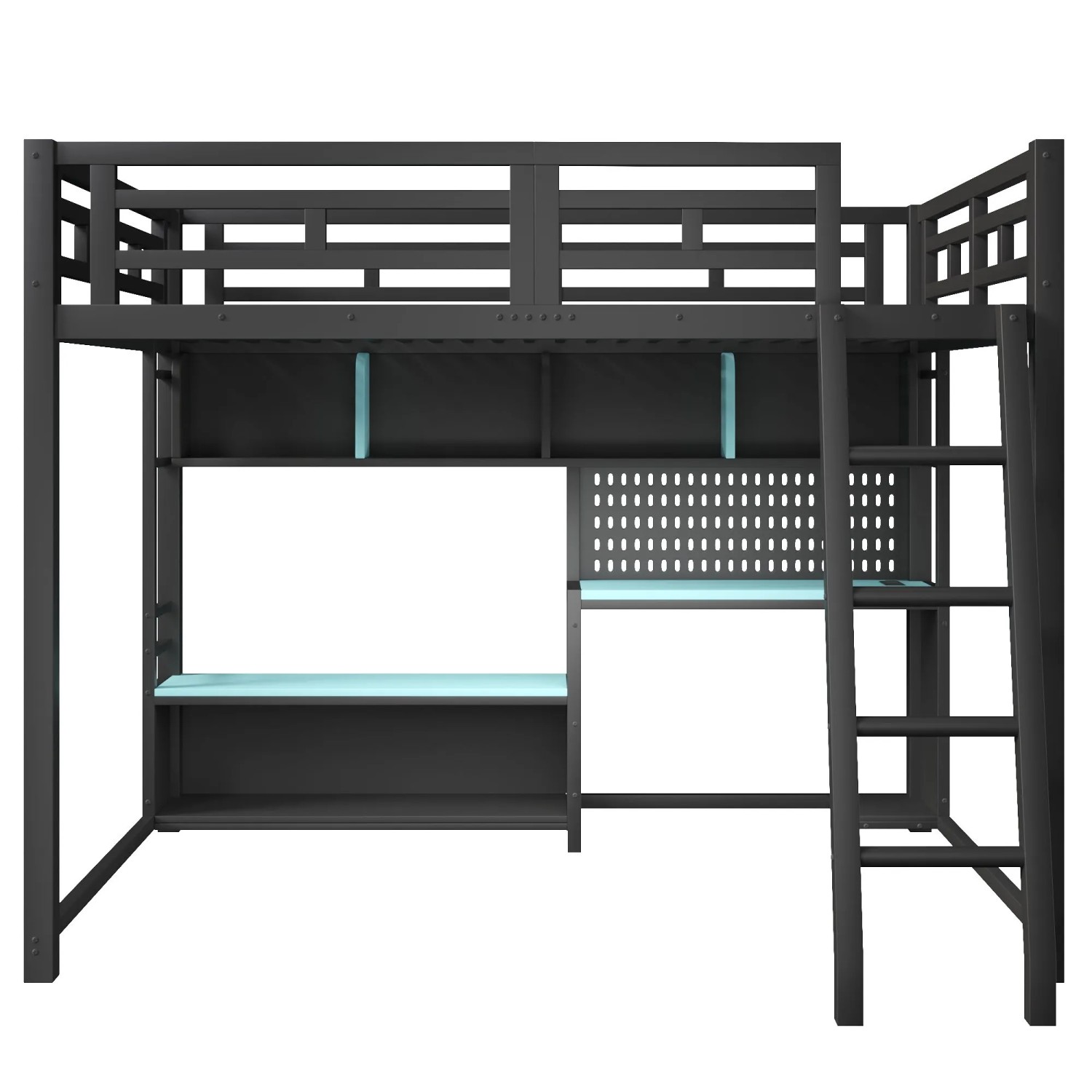 Merax Gaming Metall Etagenbett 140x200 cm Mit Schreibtisch LED Aufbewahrungsregalen Schwarz Blau