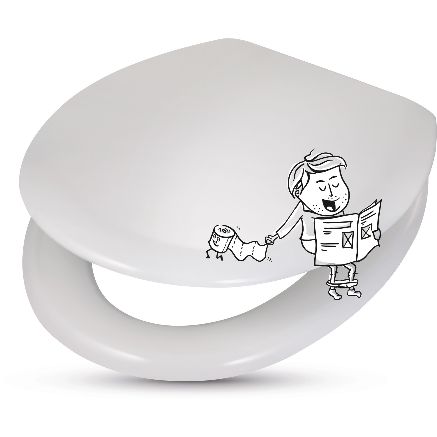 Weißer baliv WC-Sitz Kahana mit Absenkautomatik und Holzkern, verziert mit einer witzigen Zeichnung.